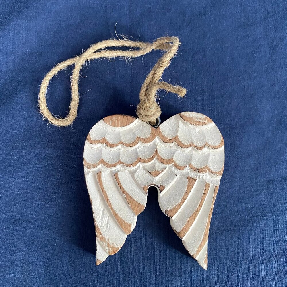 2 for $20 Angel Ornaments – 1 Carved Wood + 1 Sparkly Shell with Beaded Wings - Picture 2 of 14